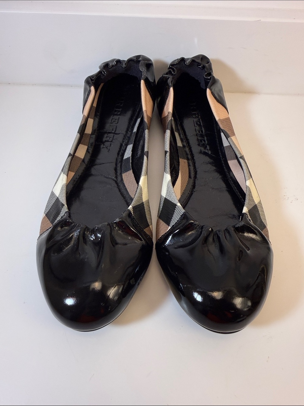 Burberry Black Patent Leather Check Ballet Flats - EU Size 38.5 (US Size 8)
